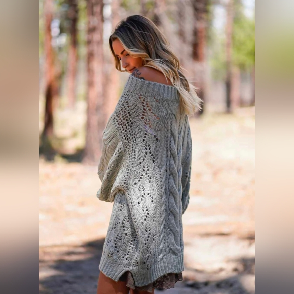 Three Bird Nest Light Gray Off-Shoulder Cable Knit Sweater Dress - Picture 6 of 6